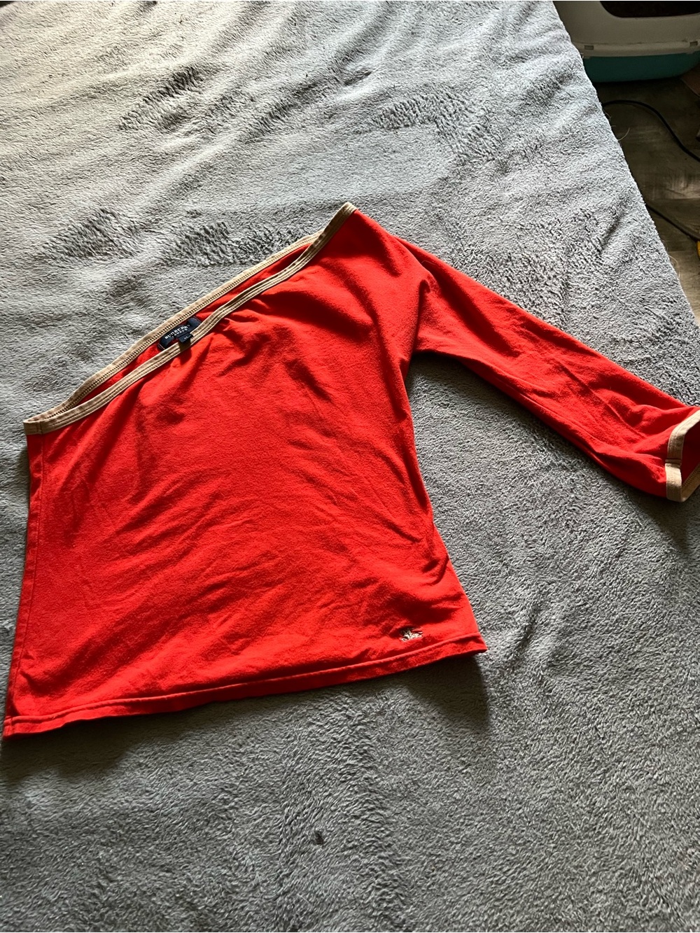 One-Shoulder Red Knit Top with Beige Trim
